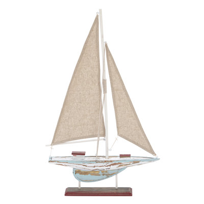 Tarangini Wood Distressed Sail Boat Blue Decorative Sculpture with Cream Linen Sails and Brown Accents