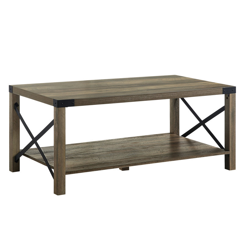 Table basse rustique en chêne avec lattes en forme de X et Profondeur: H 19 po avec pieds rectangulaires en métal