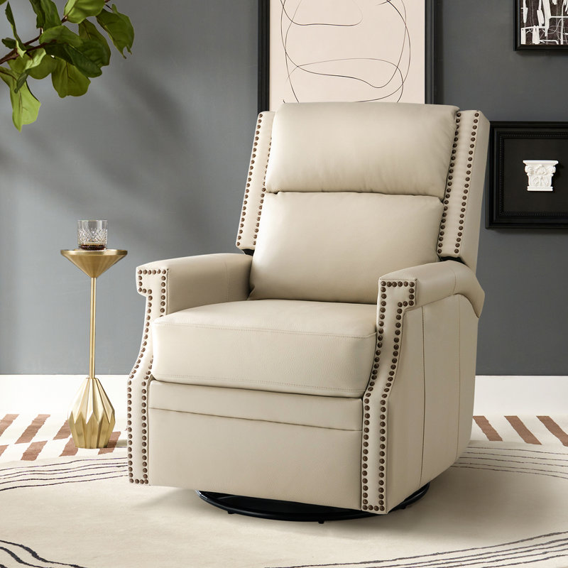 Manning 29.6" Wide Genuine Leather Manual Recliner, Beige Pebbled Genuine Leather