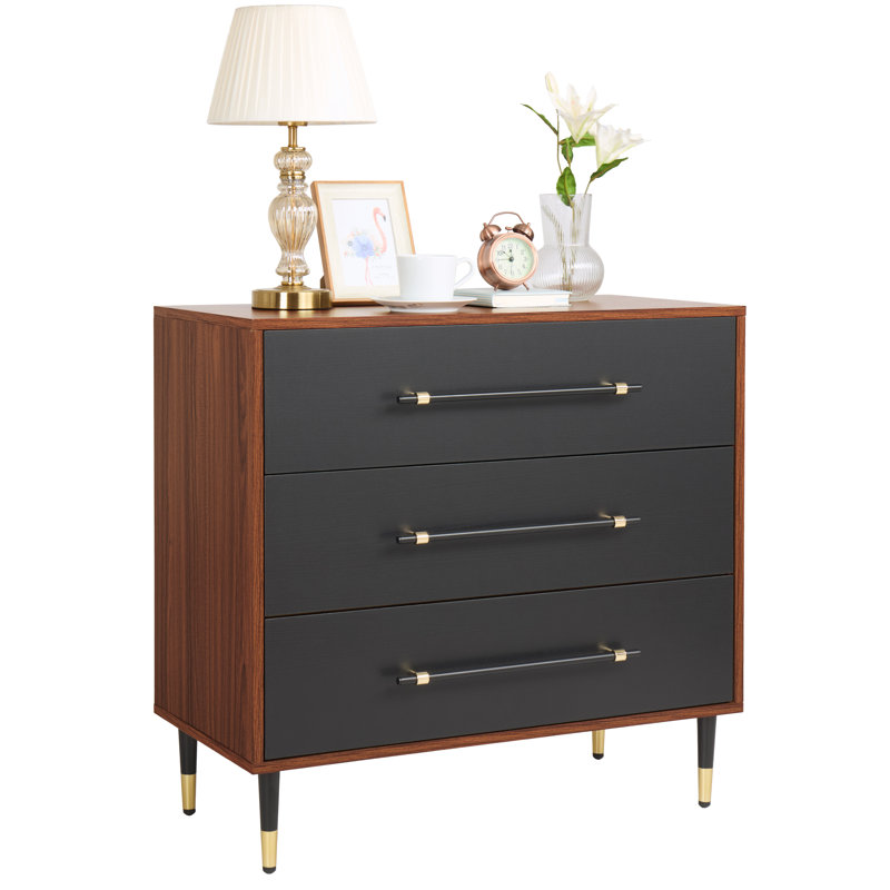 Commode de chambre à coucher 3 tiroirs Mid-Century moderne avec tiroirs noirs