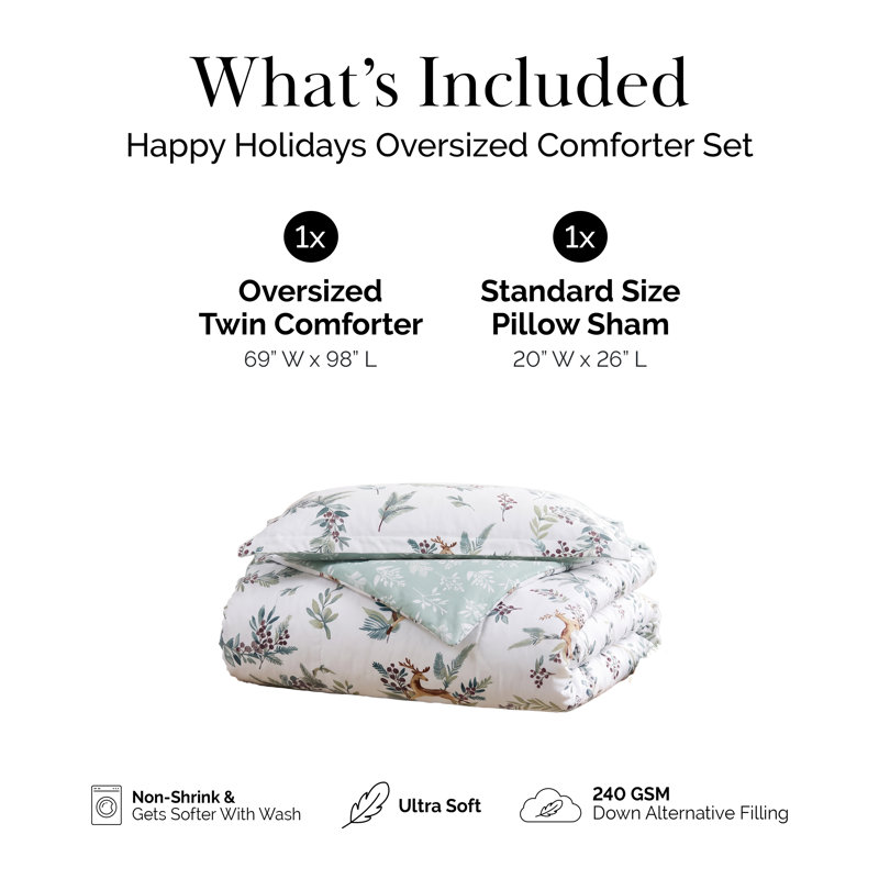 Ensemble de literie réversible Southshore Fine Linens Happy Holidays, en microfibre doublement brossée 100 g/m² avec rembourrage en fibres synthétiques, comprenant une couette et une taie d'oreiller, pour les fêtes. Tailles : 1 place / 1 place XL.