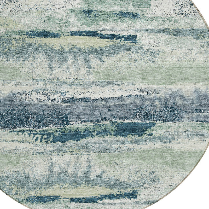 Tapis extérieur rond lavable abstrait 8 po vert ivoire et bleu denim