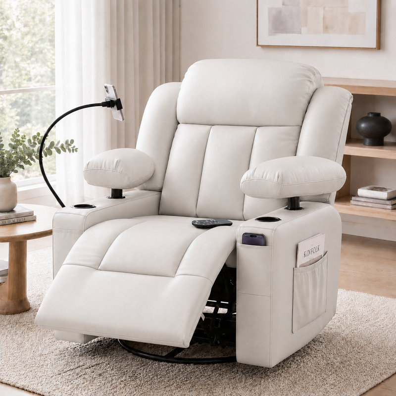 Fauteuil inclinable électrique pivotant avec fonction mémoire, rotation de 320 °, bascule douce, accoudoirs réglables et support pour téléphone