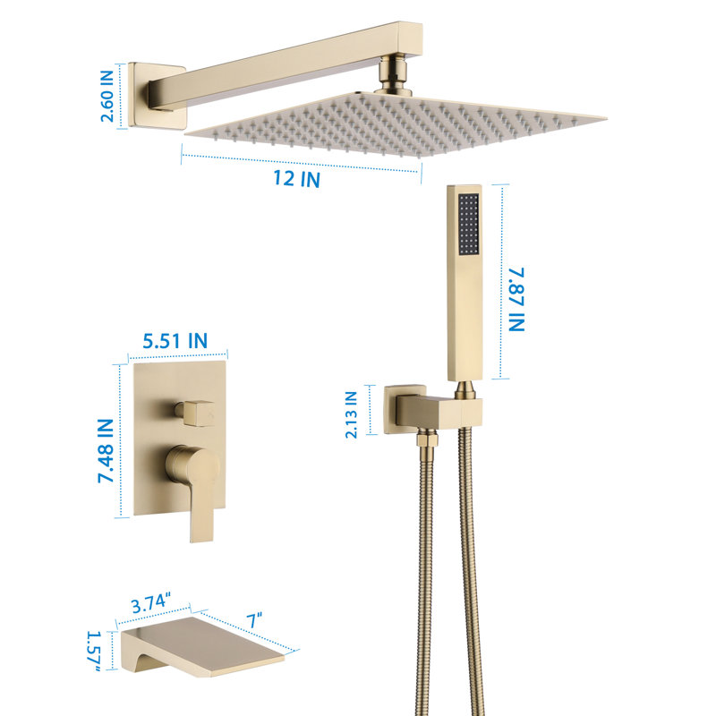 12" Shower With Handheld, Wall Mounted, Ceramic Disc, Balanced, Ergonomic Handle, Brushed Gold Finish User-,, Brushed Gold