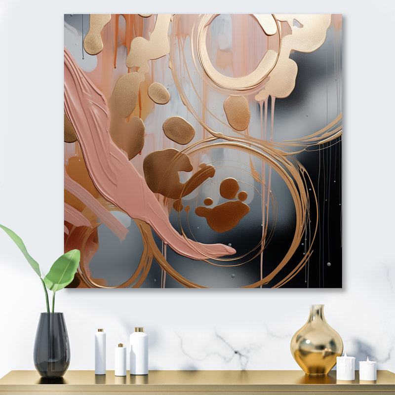 Abstract Pink And Gold Liquid Ink Circles II - Abstract Shapes Metal Wall Art, 36" H x 36" W