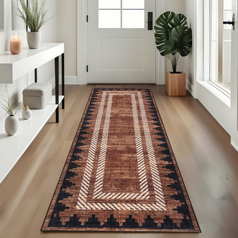 Tapis lavable Geometic Border, Red, Tapis de couloir 2 pi x 6 pi