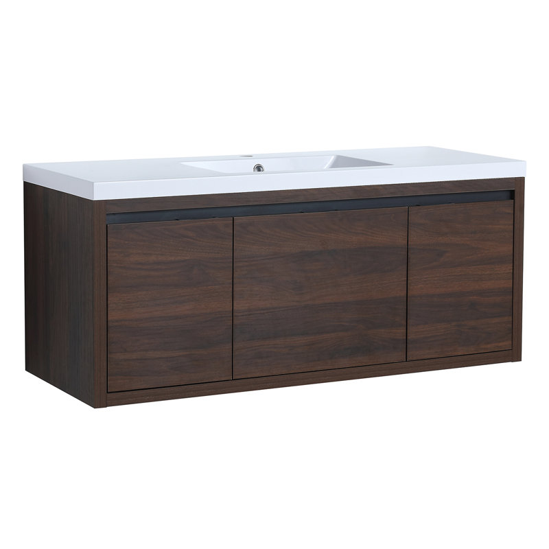 Armoire de salle de bain à fixation flottante 48 po avec lavabo en résine, Brun foncé