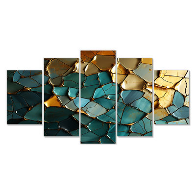 Abstract Teal Gold Crystalline Limestone - Marble Wall Art Set 5 Piece