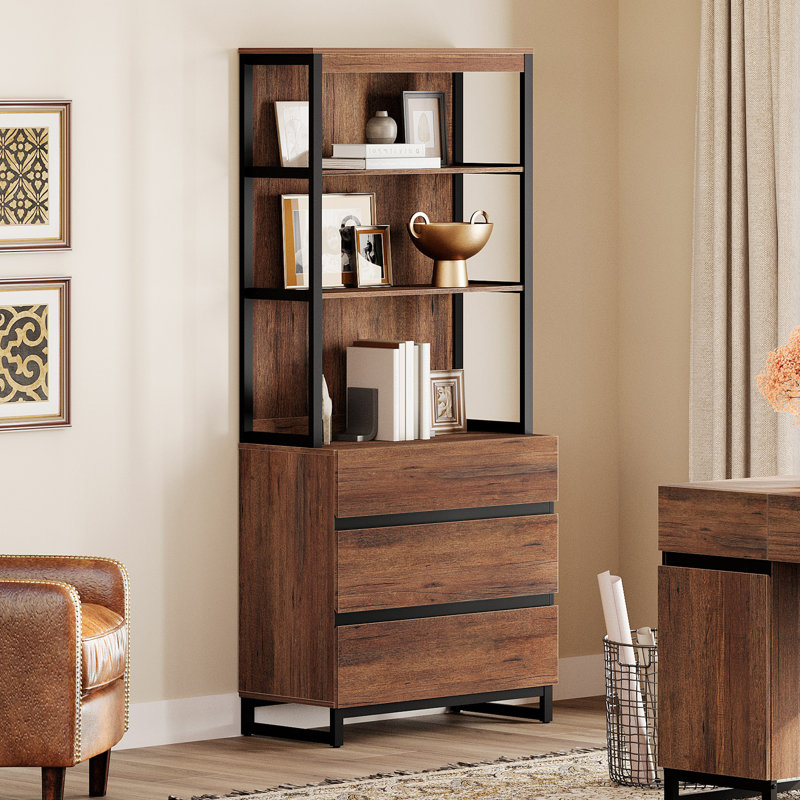 Aadam  Modern 72" Tall Bookcase With 3 Drawers And Open Book Shelfs, Library Book Shelf With Storage Cabinet, Wood Freestanding Bookshelf For Home Office, Living Room, 