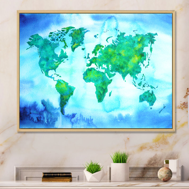 «World Map Blue Green Tone III», reproduction sur toile flottante, H 24 po x l 36 po x P 1 po, Cadre naturel flottant