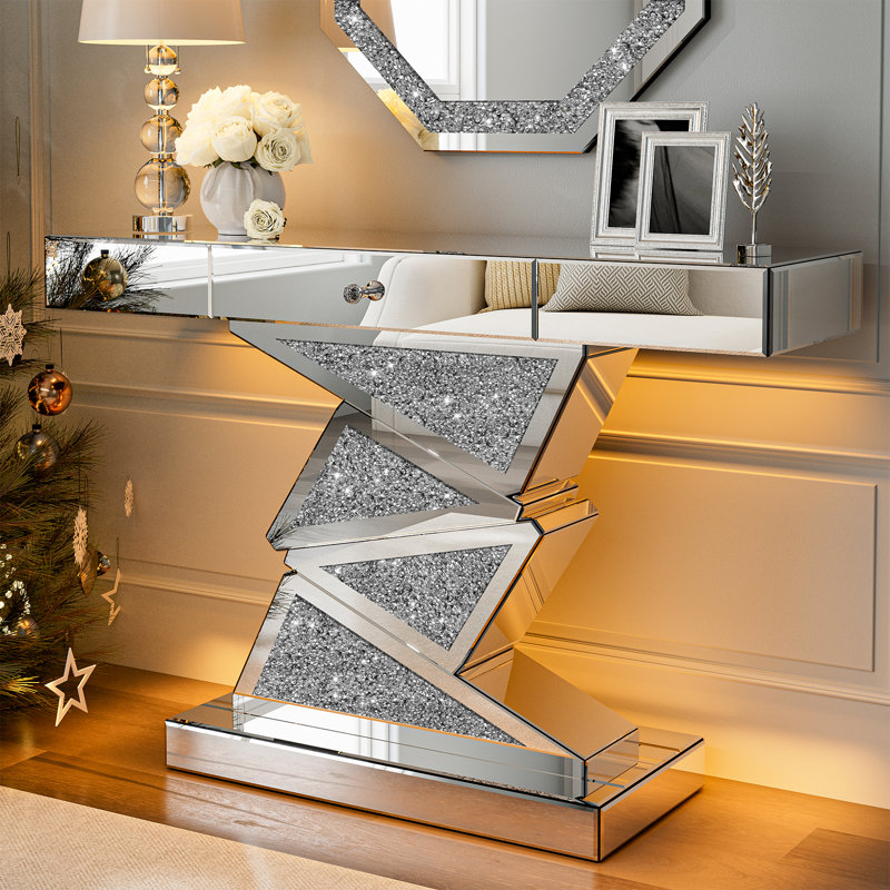 Mirrored Console Table With Led Light, 47.2'' Long Entryway Sofa Table With Triangular Base, Modern Accent Narrow Table With Large Drawer For Living Room, Hallway, Foyer, Entrance
