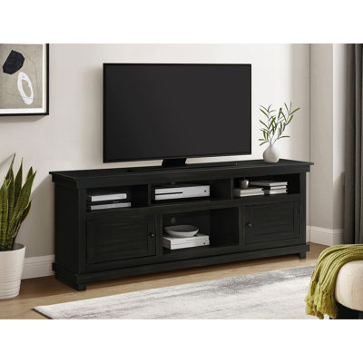 Meuble télé avec aspect vieilli, 27 pouces de hauteur, 70 de longueur, deux tablettes ouvertes pour un support pour appareils multimédia facile d'accès, large, quatre compartiments et espaces dissimulés