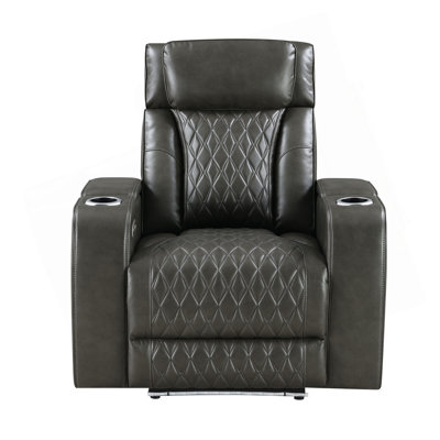 Taddeo Dark Gray Synthetic Leather Power Motion Recliner W/Power Headrest, USB, Wireless Charger & LED