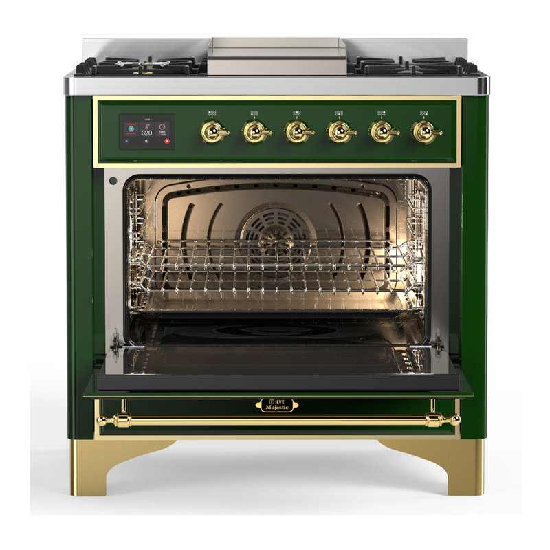 Majestic III Series 36 Inch Dual Fuel Range with 6 Sealed Burners, Griddle, in Glossy Black (Natural Gas, Brass Trim), Copper