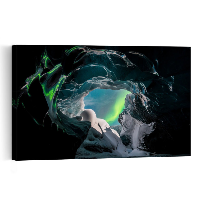 Northern Lights Ice Cave Dramatic Ethereal Mystical Landscape Nature Wall Art Print by Mika-Pekka Markkanen - Wrapped Canvas Print