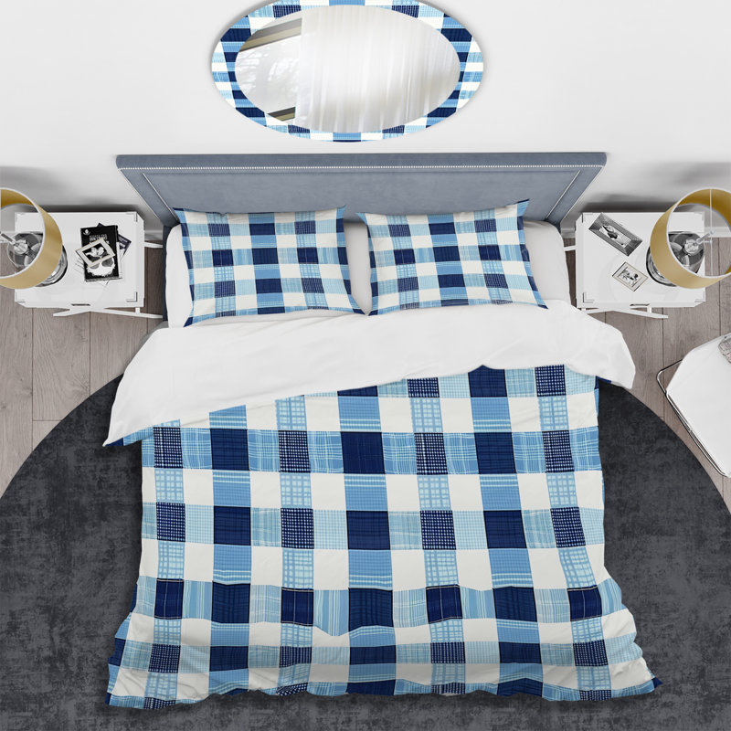 Ensemble de housse de couette moderne à imprimé vichy bleu et blanc, Housse de couette très grand et 2 très grandes t