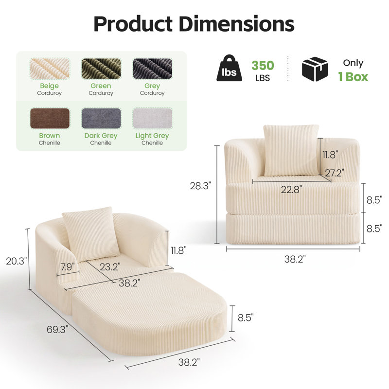Fauteuil convertible 69,3 po, Velours côtelé beige