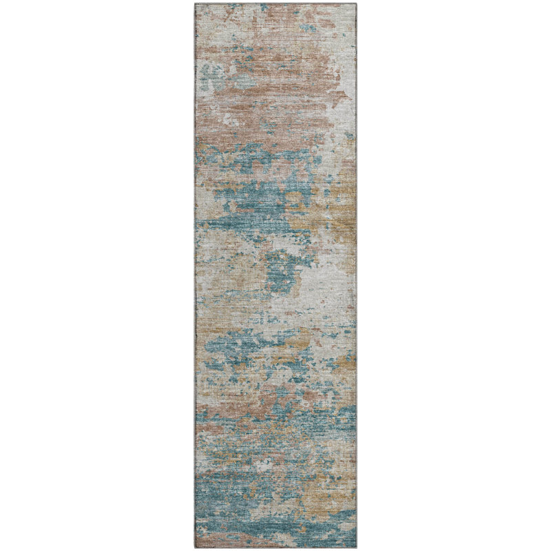 Premium Machine Washable Hintzen AMF69 Teal Rug, Runner 2'3" x 7'6"