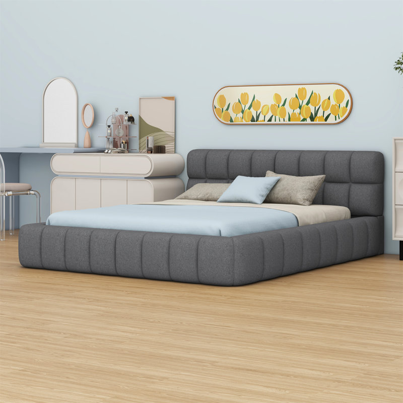 Lit plateforme tapissier avec tissu épais, lit au sol avec structure solide