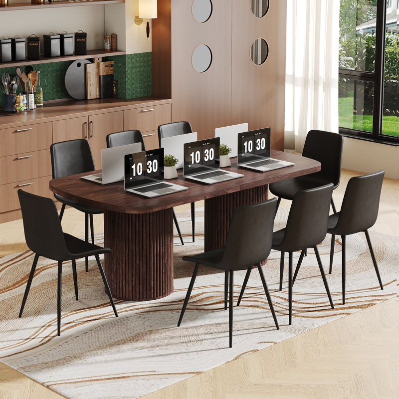 Ensemble de table de salle à manger 79 po, 9 pièces : table, 8 chaises, Noir, Bois brun