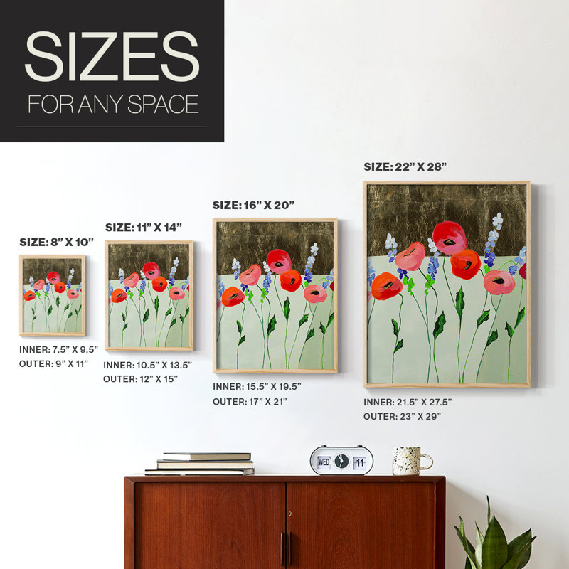 Poppy Party Framed Print - Solid Wood, 15" H x 12" W