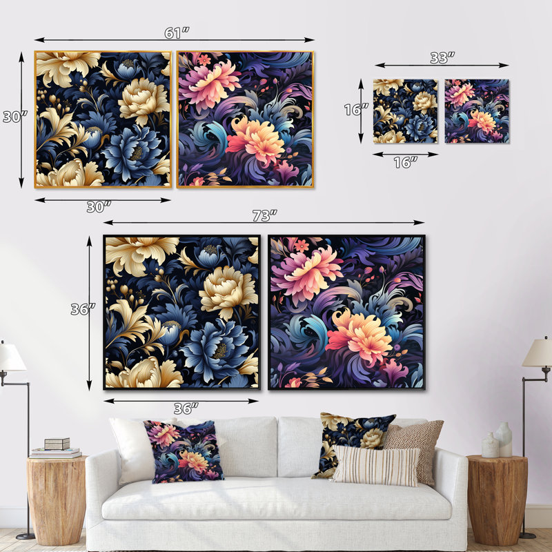 «Celestial Blue Damask Mirage» - Ensemble de 2 collages carrés botaniques abstraits, Cadre flottant brun, H 30 po x l 61 po