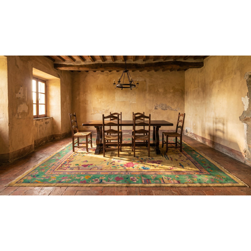Scenic Antique Yellow Open Field Room Size Chinese Art Deco Wool Rug