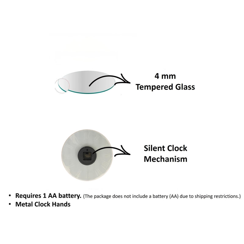 Celestial indigo silent ticking, tempered glass wall clock with black roman numerals - abstract design