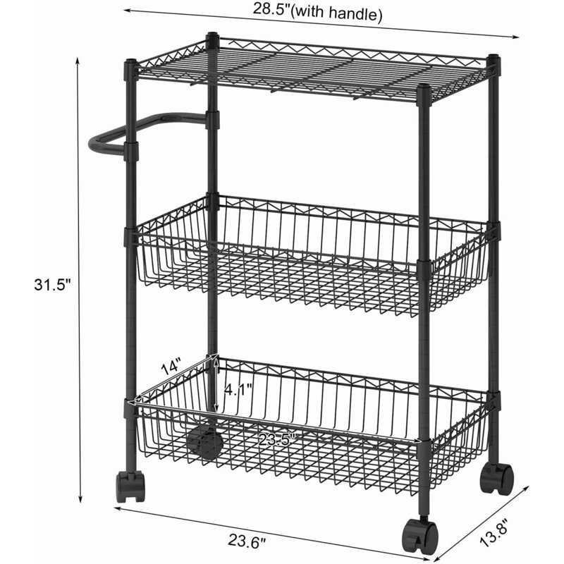 Chariot de cuisine en métal à 3 niveaux avec paniers, poignées et roulettes pour la cuisine, la salle de bain et le bureau (noir)