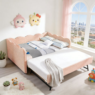 Daybed With Trundle, USB Port, And Adorable Wave Shaped Linen Fabric