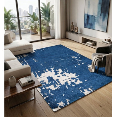Abstract Blue | Beige Hand Knotted Silk Rectangle Indoor Area Rug