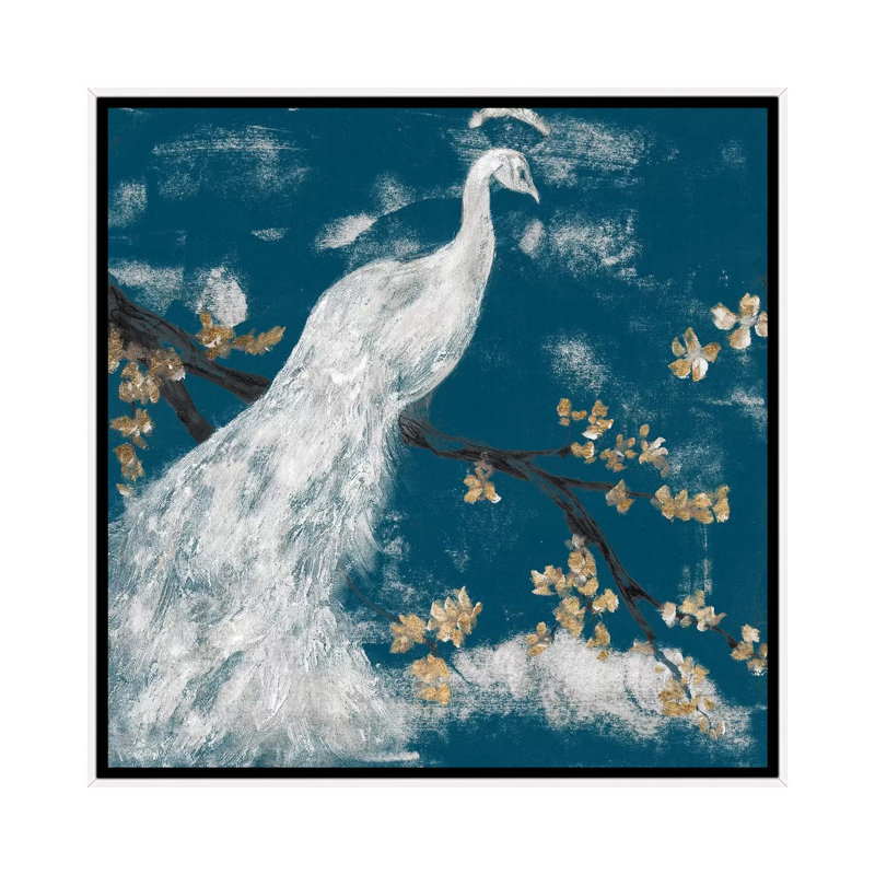 "White Peacock on Indigo I" par Jennifer Goldberger-impression, H 37 po x l 37 po x P 1,5 po, Toile blanche encadrée