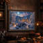 Cabane d'hiver avec fenêtres illuminées et pont en bois - Toile murale d'Halloween-749309621