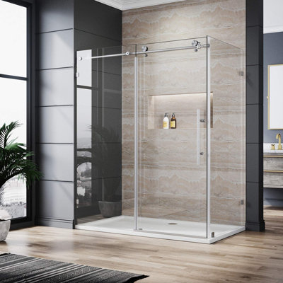 Cabine de douche coulissante sans cadre l 60 po x P 36 po x H 72 po avec verre trempé transparent de 3/8 po, nickel brossé