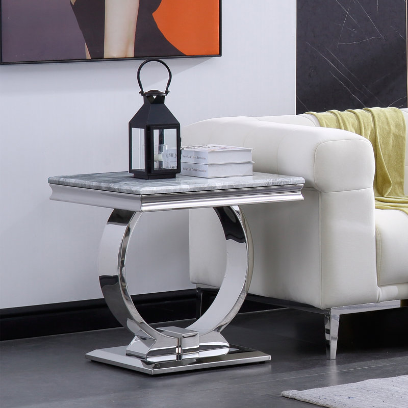 Ashonda Gray Faux Mable End Table with Silver Mirrored U-shaped Base