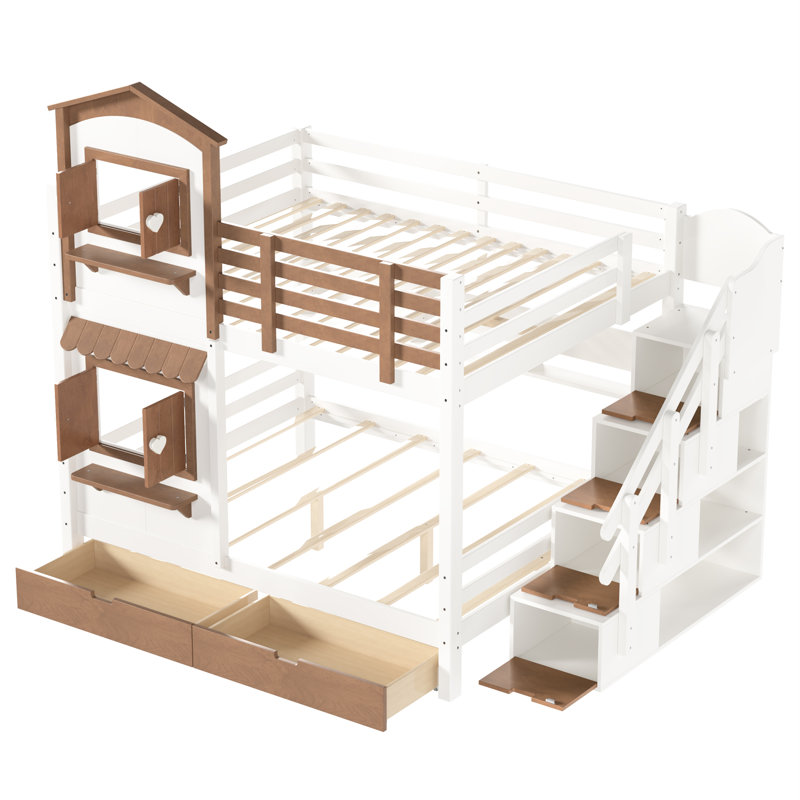 Lit superposé en bois massif avec escalier de rangement, fenêtres, tiroirs, barrières de sécurité et étagères