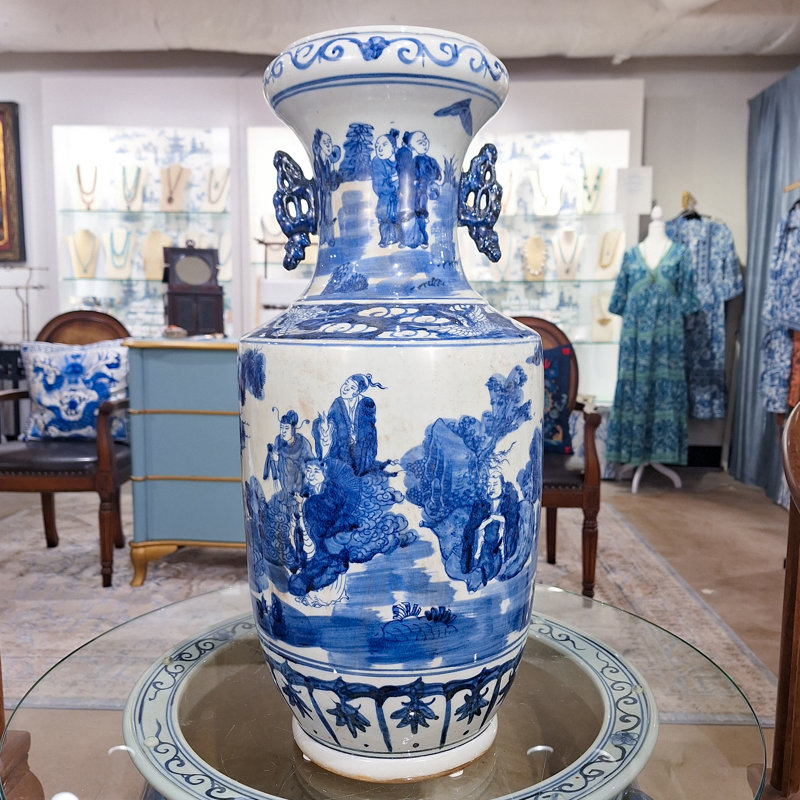 Blue and White Tall Vase with Handles