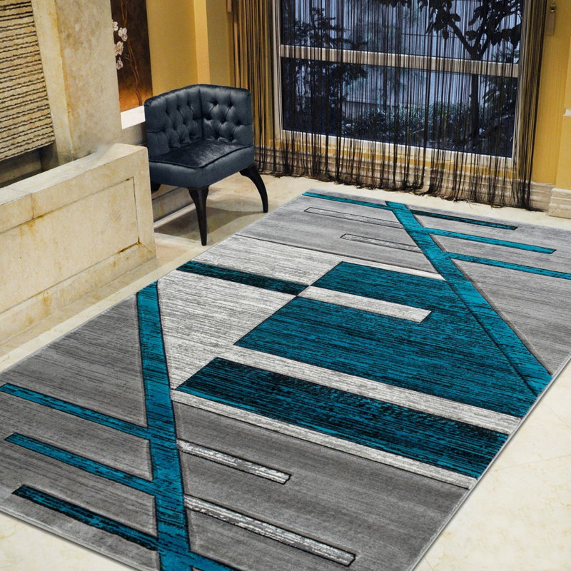 Tapis géométrique turquoise/gris Diva, Rectangle de 7 pi x 10 pi 5 po