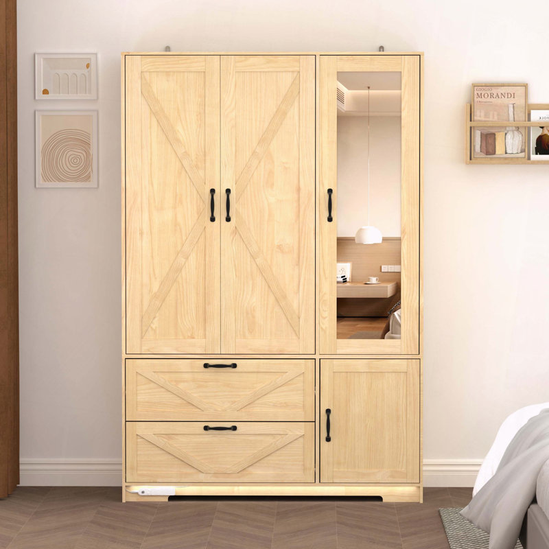 4 Doors Wardrobe Closet Mirror LED Drawers Hanging Rod