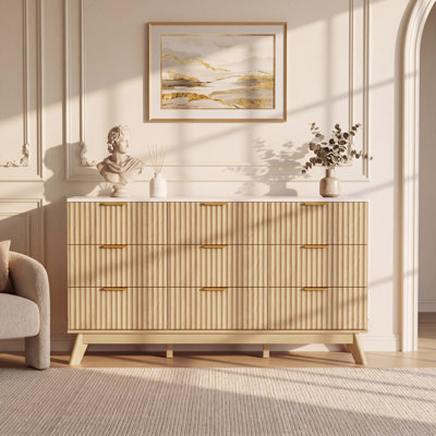 Commode cannelée à 6 tiroirs avec plateau en faux marbre, commode de style Mid-Century avec poignées en métal, meuble de rangement en bois et meuble télé pour chambre à coucher, salon