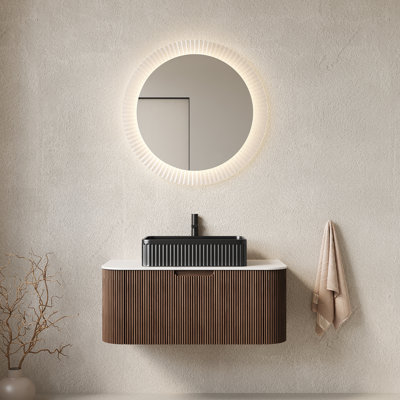 Meuble-lavabo de salle de bain 36 po avec lavabo, armoire de rangement de salle de bain à bordures flottantes et courbes avec tiroir, lavabo rectangulaire en céramique noire, sans robinet