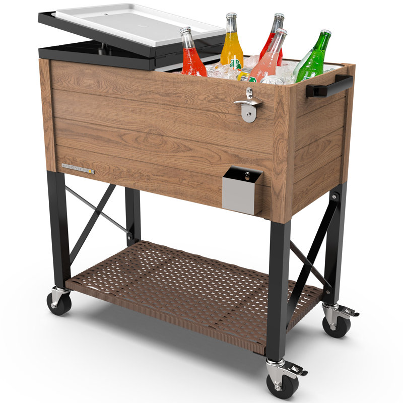 Glacière pour terrasse à roulettes 80 qt Permasteel, Avec cloison, Bois de chêne
