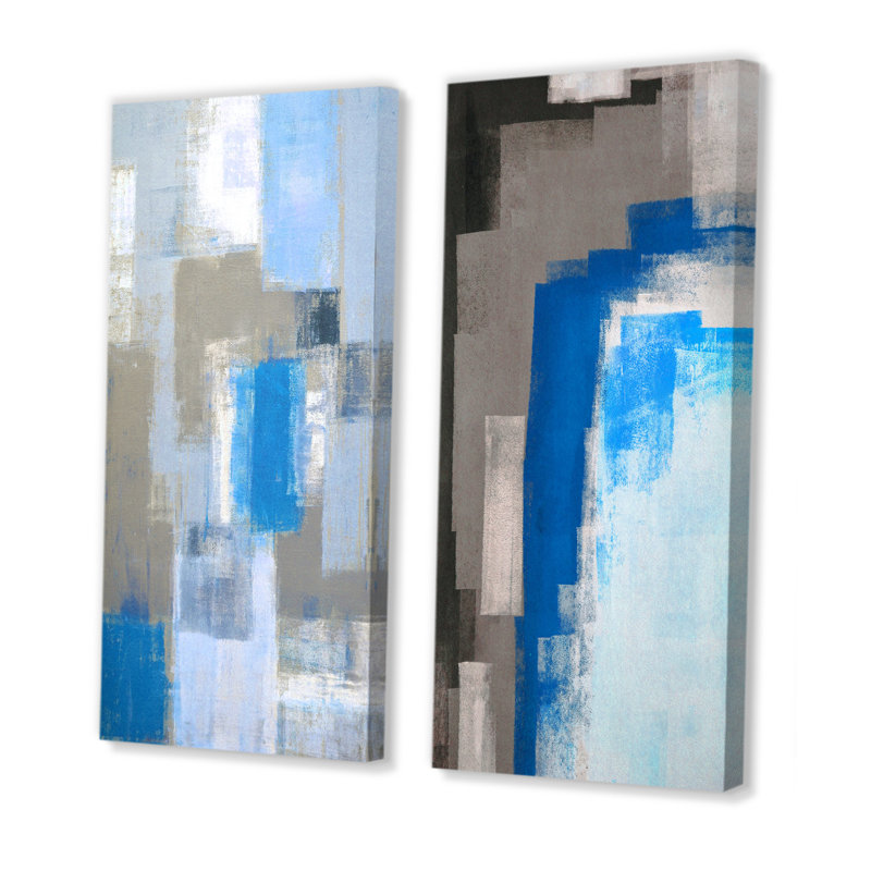 «Blue Meets Gray Abstract Art IV», ensemble de 2 peintures sur toiles, Toile tendue, H 20 po x l 24 po x P 1 po