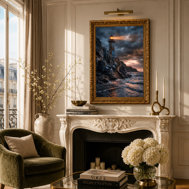 Art sur toile, Phare éclairé sur des falaises rocheuses avec marches en pierre, H 30 po x l 20 po
