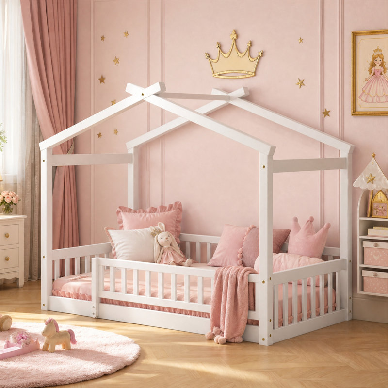 Structure de lit simple en bois avec garde-corps et lattes, blanc, Twin, Blanc