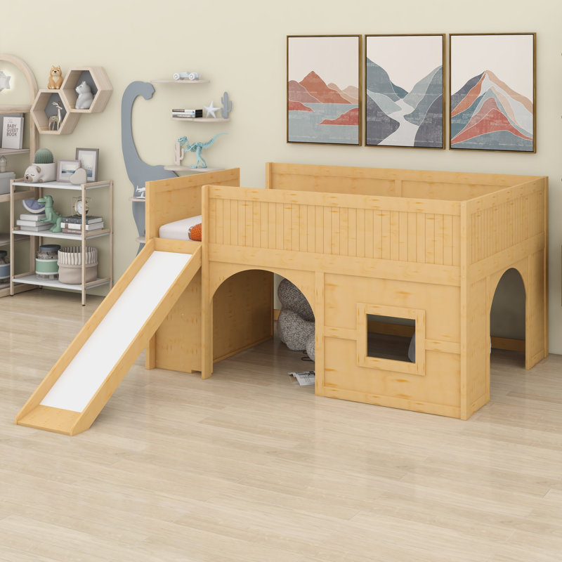 Low-Profile Wooden Loft Bed With Slide, Storage Shelves, Natural
