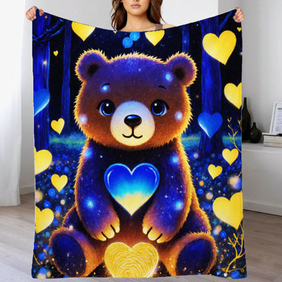1Pc Cute Brown Teddy Bear Night Sky Flannel Blanket Soft, Magical Forest, Starry Night, Whimsical Design For Sofa/Bed/Travel 40*50