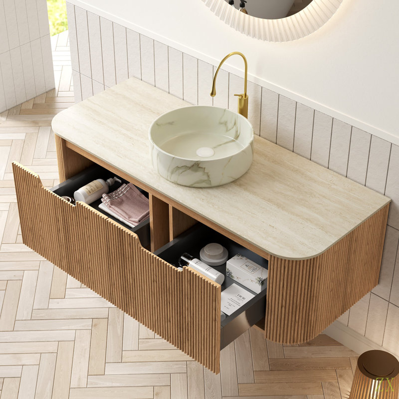 Meuble-lavabo de salle de bain 48 po Dina, meuble-lavabo rayé à bords arrondis avec tiroirs, lavabo rond en céramique avec motif en pierre et plateau en pierre frittée à motif de travertin, pré-assemblé