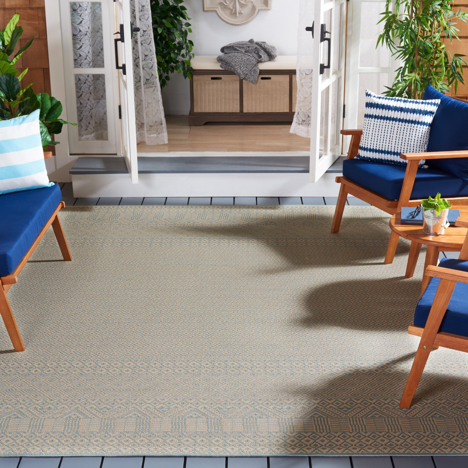 Lenwood Beige Aqua Geometric Outdoor Rug, Rectangle 9' x 12'