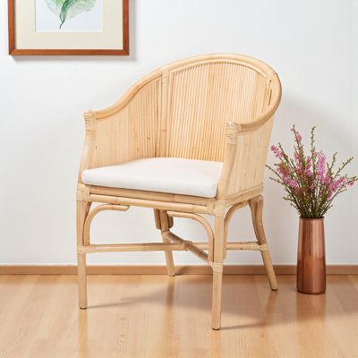 Maryann Natural Rattan Barrel Chair with White Cushion, 32.76'' H X 22.7'' W X 23.85'' D